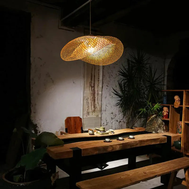 Bamboo chandelier light with Chinese design and 40cm diameter shell.
