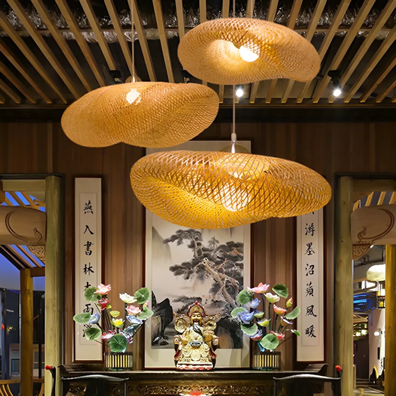 Bamboo chandelier light with Chinese design and 40cm diameter shell.