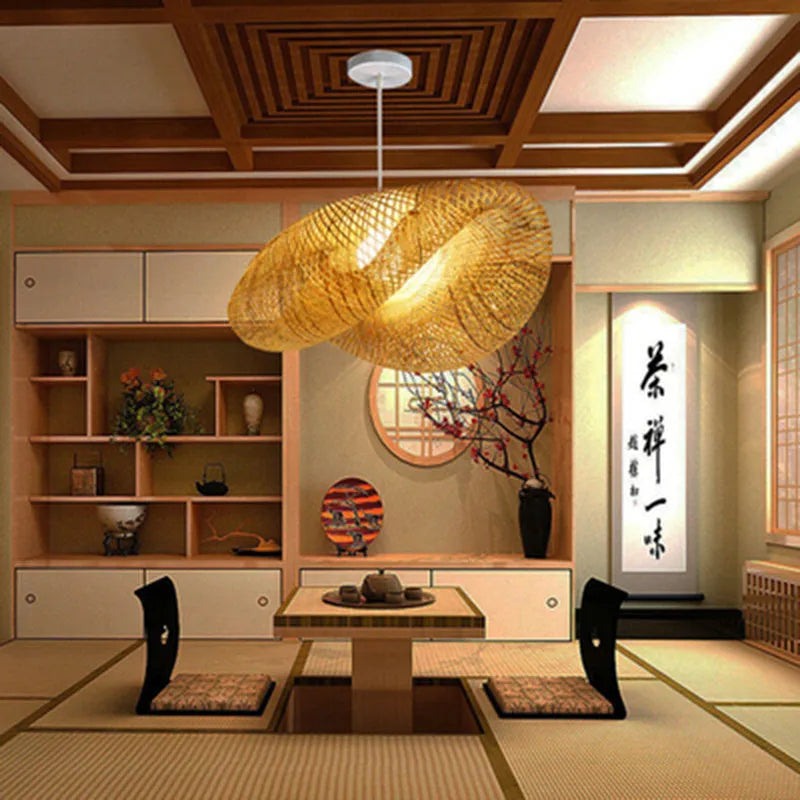 Bamboo chandelier light with Chinese design and 40cm diameter shell.