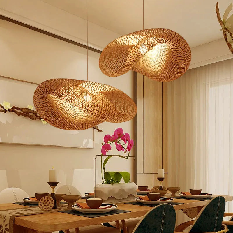 Bamboo chandelier light with Chinese design and 40cm diameter shell.