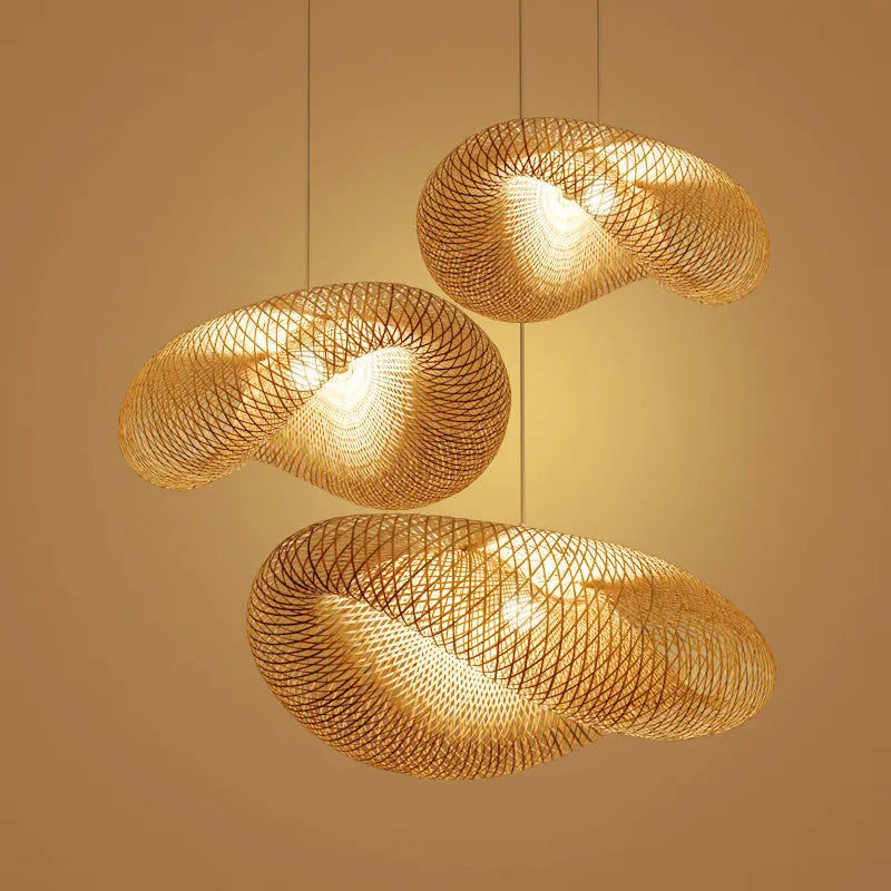 Bamboo chandelier light with Chinese design and 40cm diameter shell.