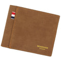 Men's short tri-fold wallet in retro style showing black, navy blue, dark brown, and light brown colour options