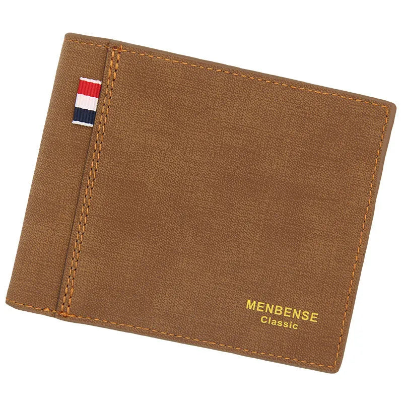 Men's short tri-fold wallet in retro style showing black, navy blue, dark brown, and light brown colour options