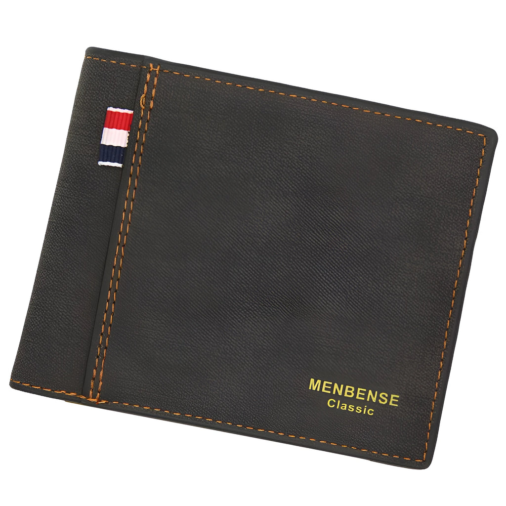 Men's short tri-fold wallet in retro style showing black, navy blue, dark brown, and light brown colour options