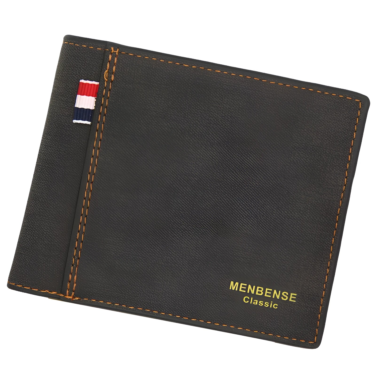 Men's short tri-fold wallet in retro style showing black, navy blue, dark brown, and light brown colour options