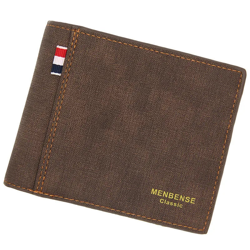 Men's short tri-fold wallet in retro style showing black, navy blue, dark brown, and light brown colour options