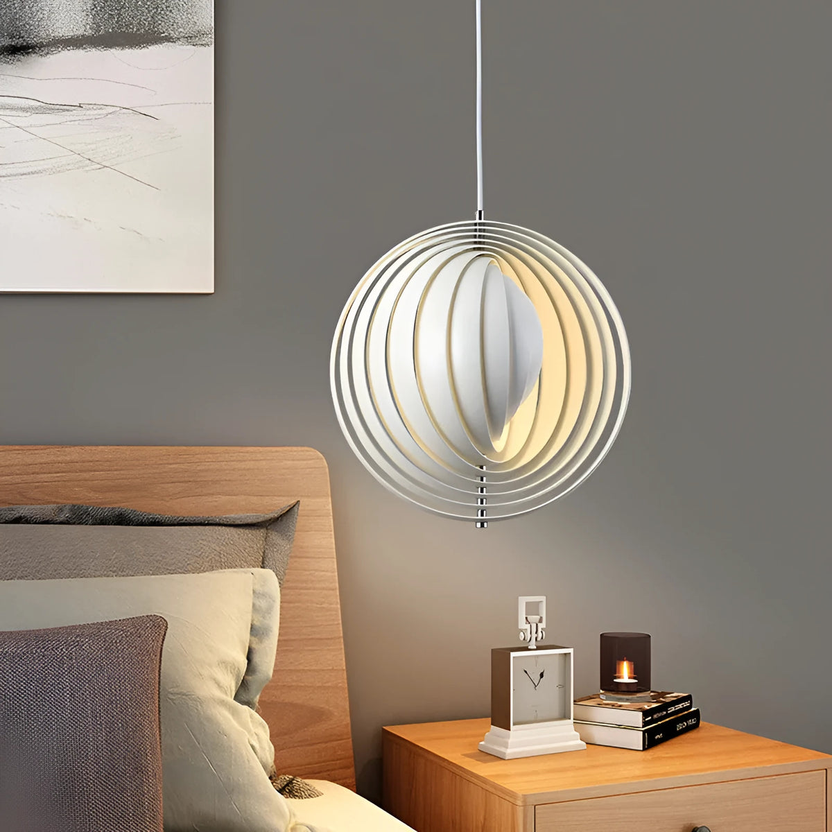 Iron chandelier night light with rotating moon design, warm LED, push button switch, adjustable height 1.5m, 220V.