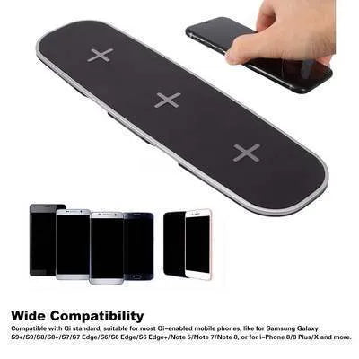 Universal 3-in-1 Qi wireless charging station in black or white colours charging multiple devices