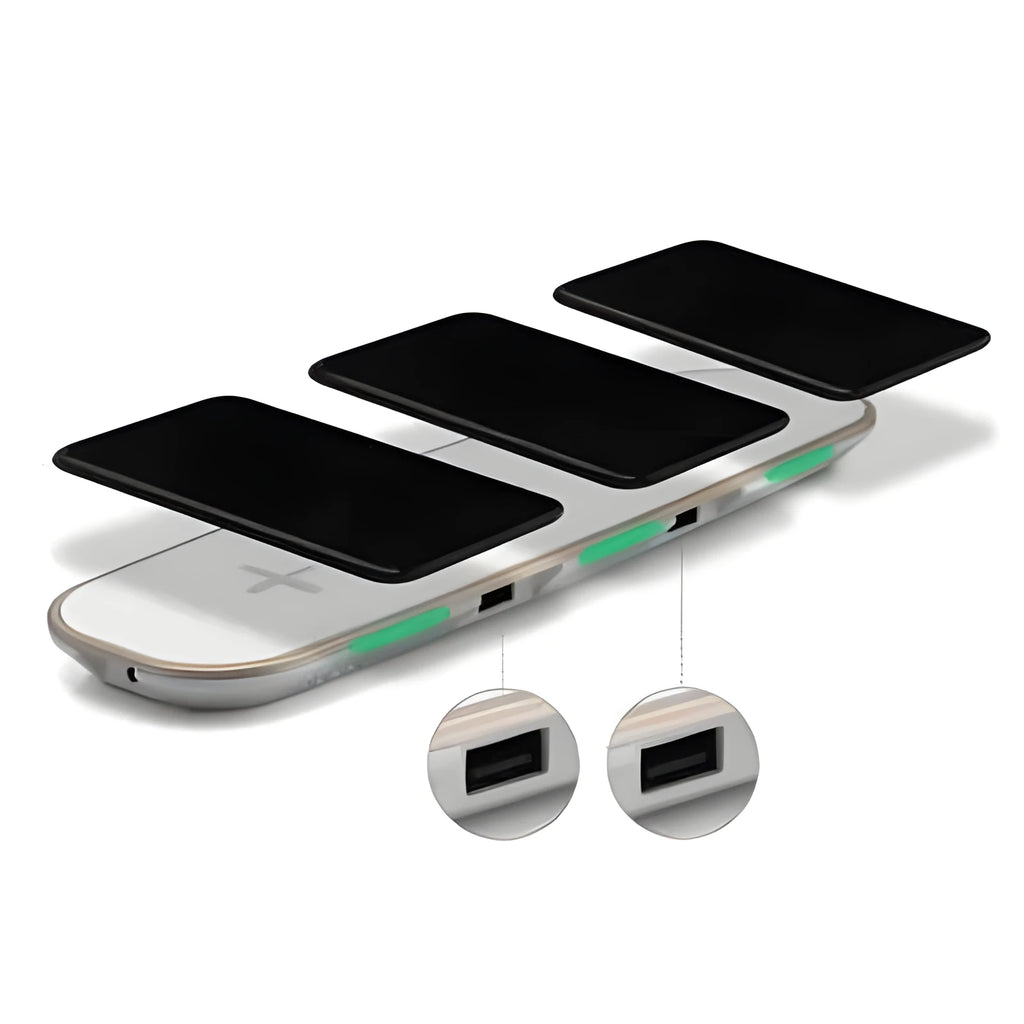 Universal 3-in-1 Qi wireless charging station in black or white colours charging multiple devices