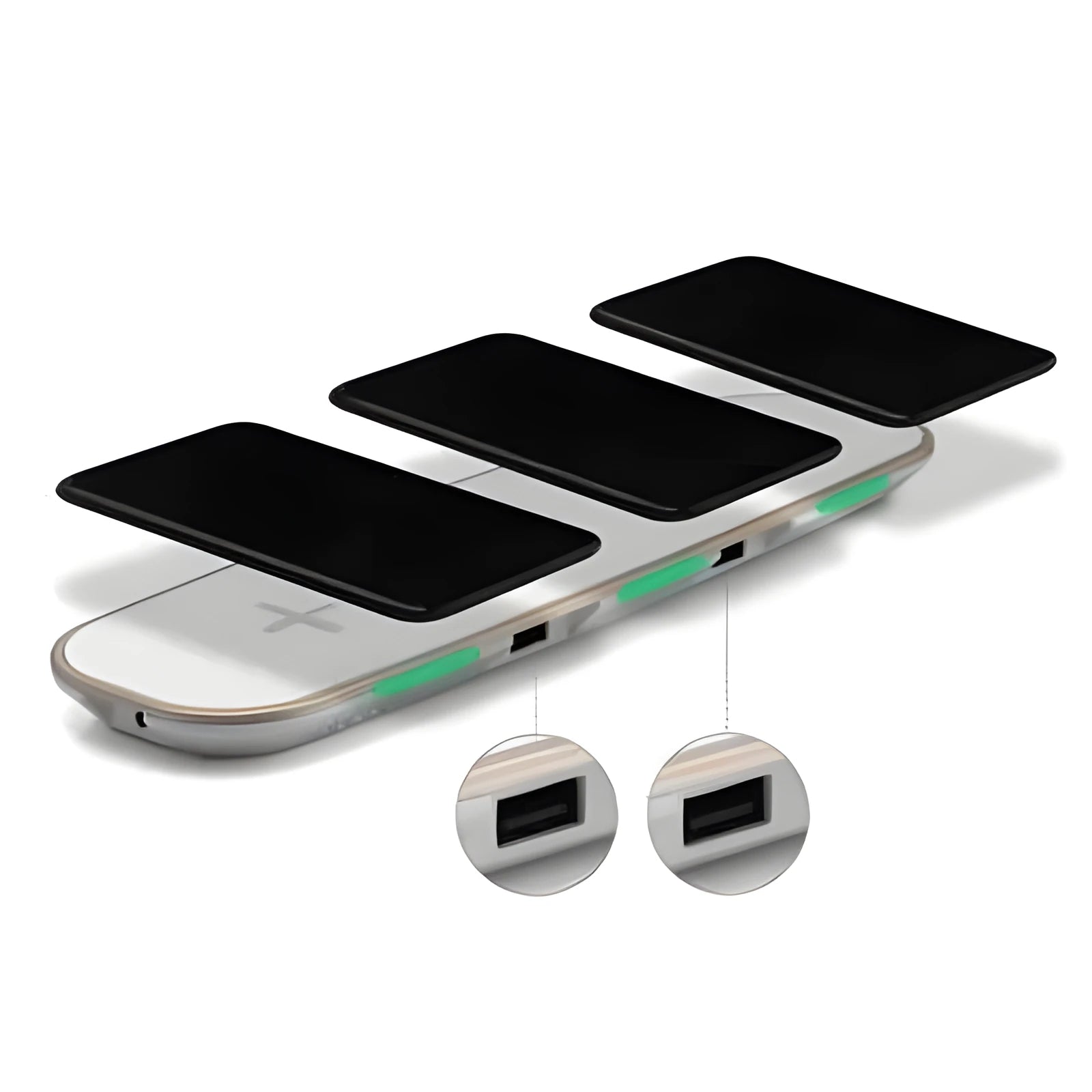Universal 3-in-1 Qi wireless charging station in black or white colours charging multiple devices