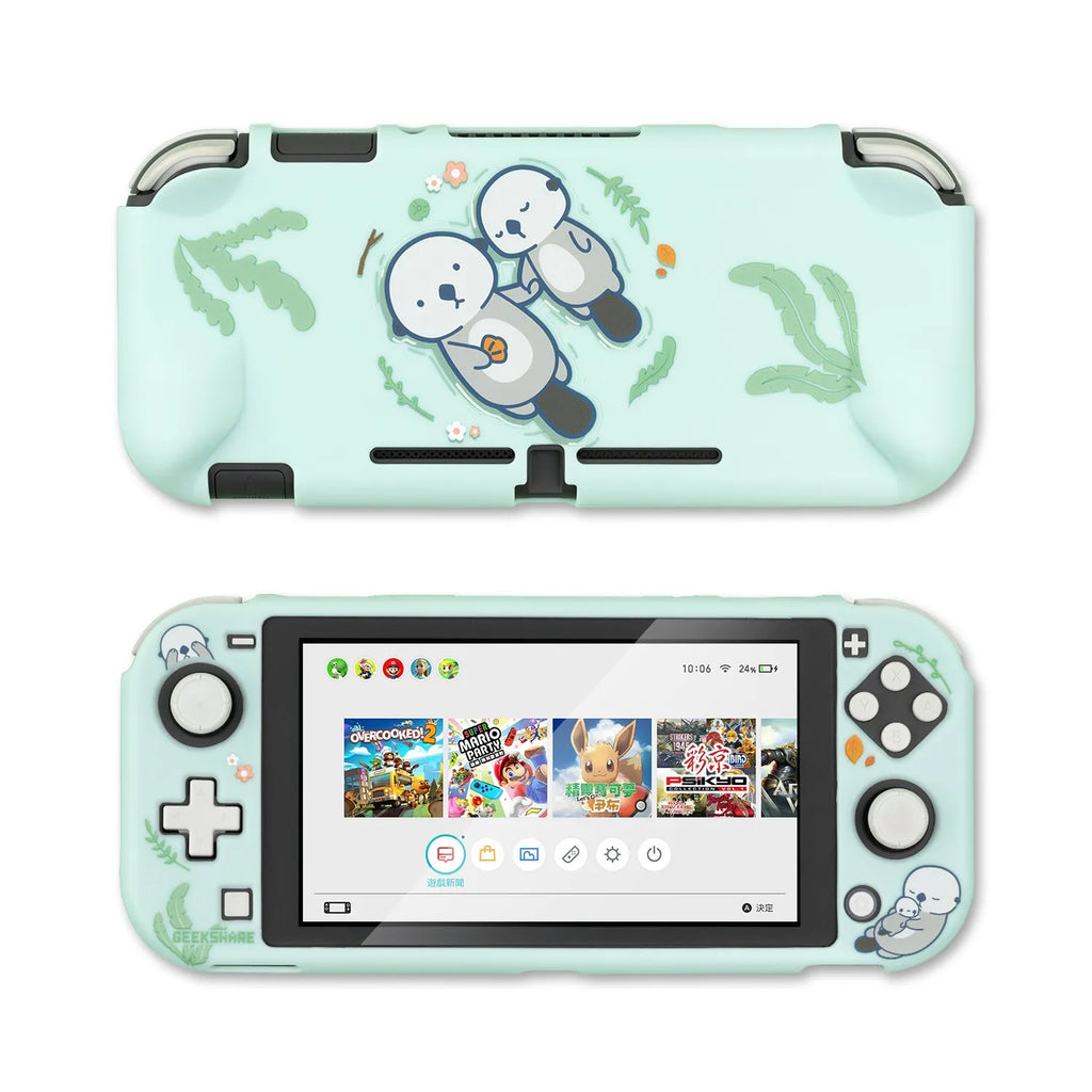Nintendo Switch Lite protective case with silicone material and hard PC shell featuring back grip