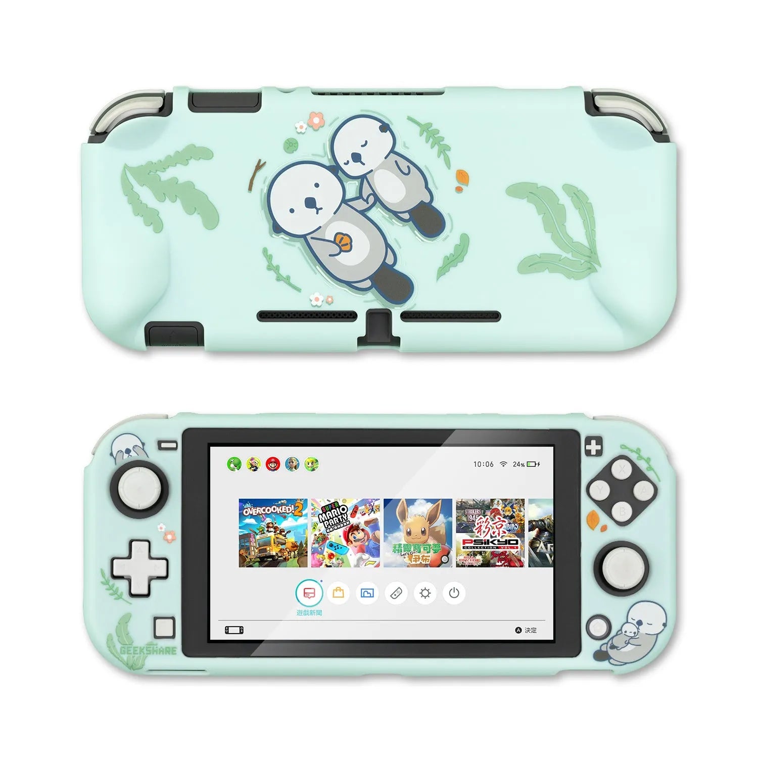 Nintendo Switch Lite protective case with silicone material and hard PC shell featuring back grip