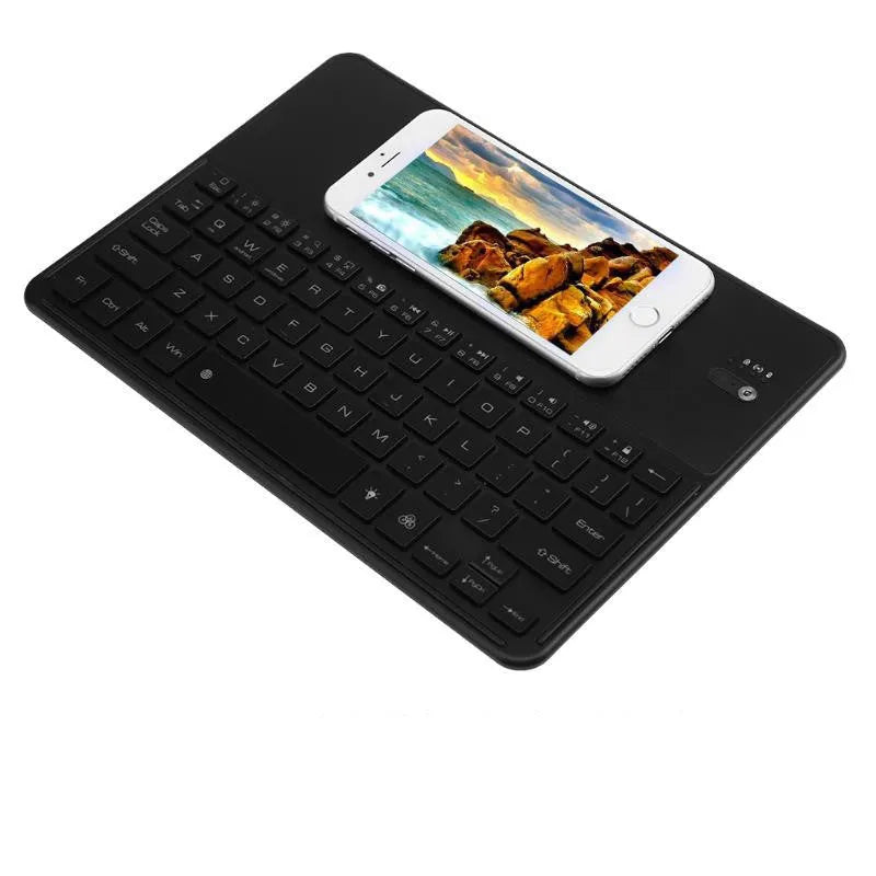 Black Bluetooth 3.0 keyboard with QI wireless charging, 244x173x5mm, seven backlight colours, ABS aluminium alloy, Apple iOS Android Windows compatible