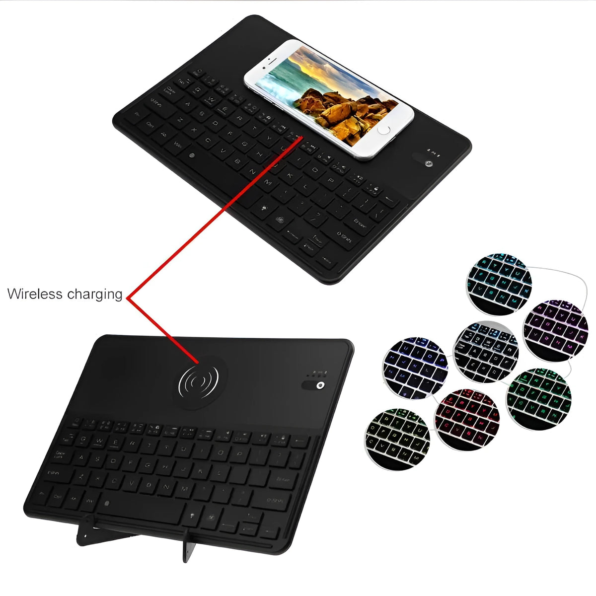 Black Bluetooth 3.0 keyboard with QI wireless charging, 244x173x5mm, seven backlight colours, ABS aluminium alloy, Apple iOS Android Windows compatible