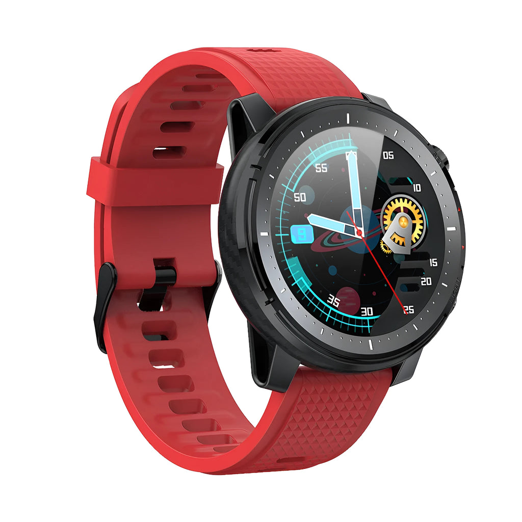 Black and red Android smart watch with round dial and silicone strap, showing IP68 waterproof rating.