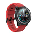 Black and red Android smart watch with round dial and silicone strap, showing IP68 waterproof rating.