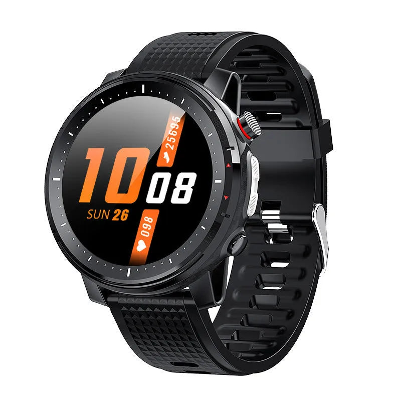 Black and red Android smart watch with round dial and silicone strap, showing IP68 waterproof rating.