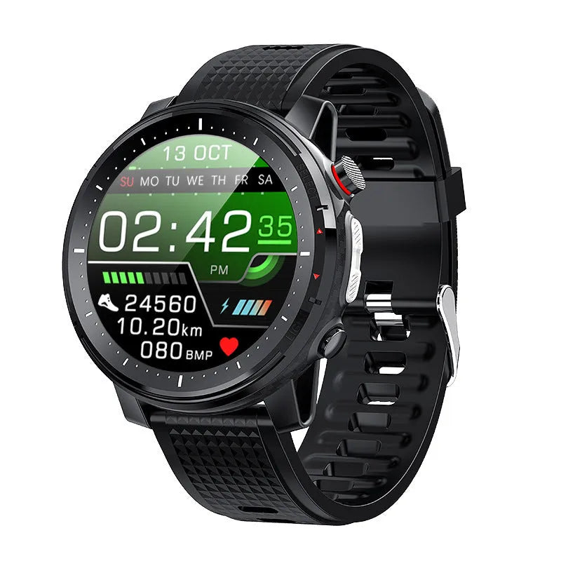 Black and red Android smart watch with round dial and silicone strap, showing IP68 waterproof rating.