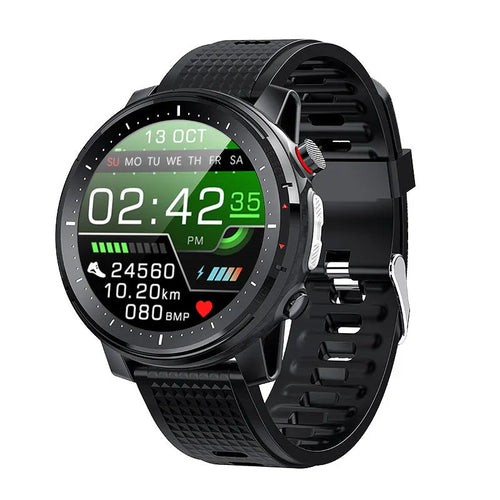 Black and red Android smart watch with round dial and silicone strap, showing IP68 waterproof rating.