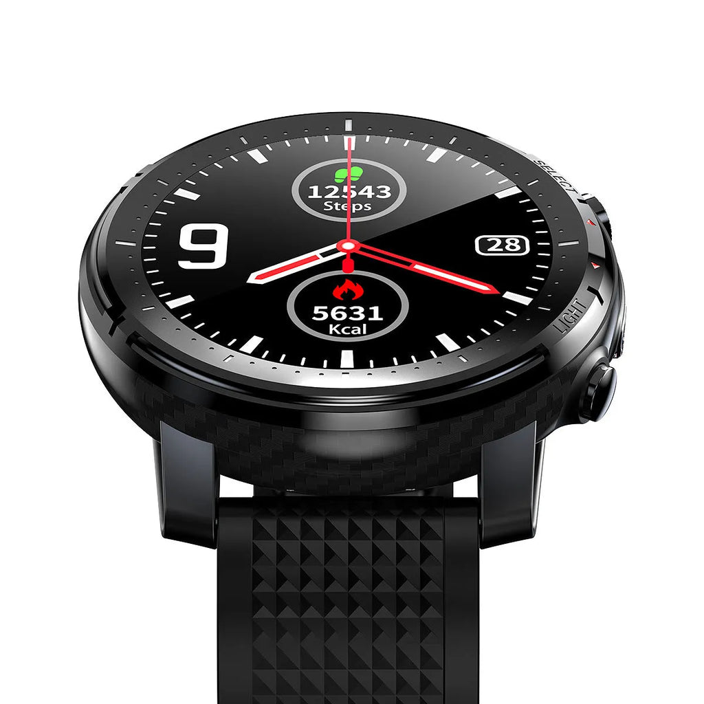Black and red Android smart watch with round dial and silicone strap, showing IP68 waterproof rating.