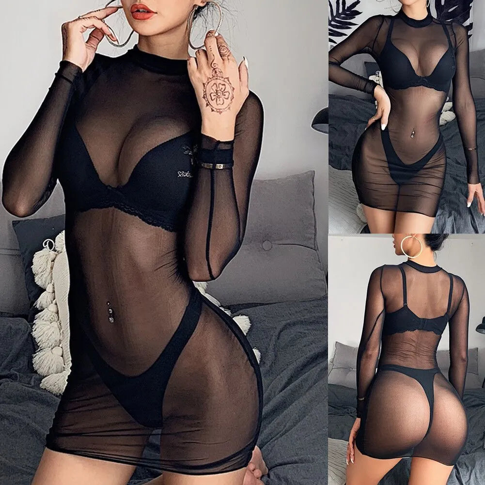 Sheer net black bikini with see-through long sleeves, polyester mesh fabric, two piece set
