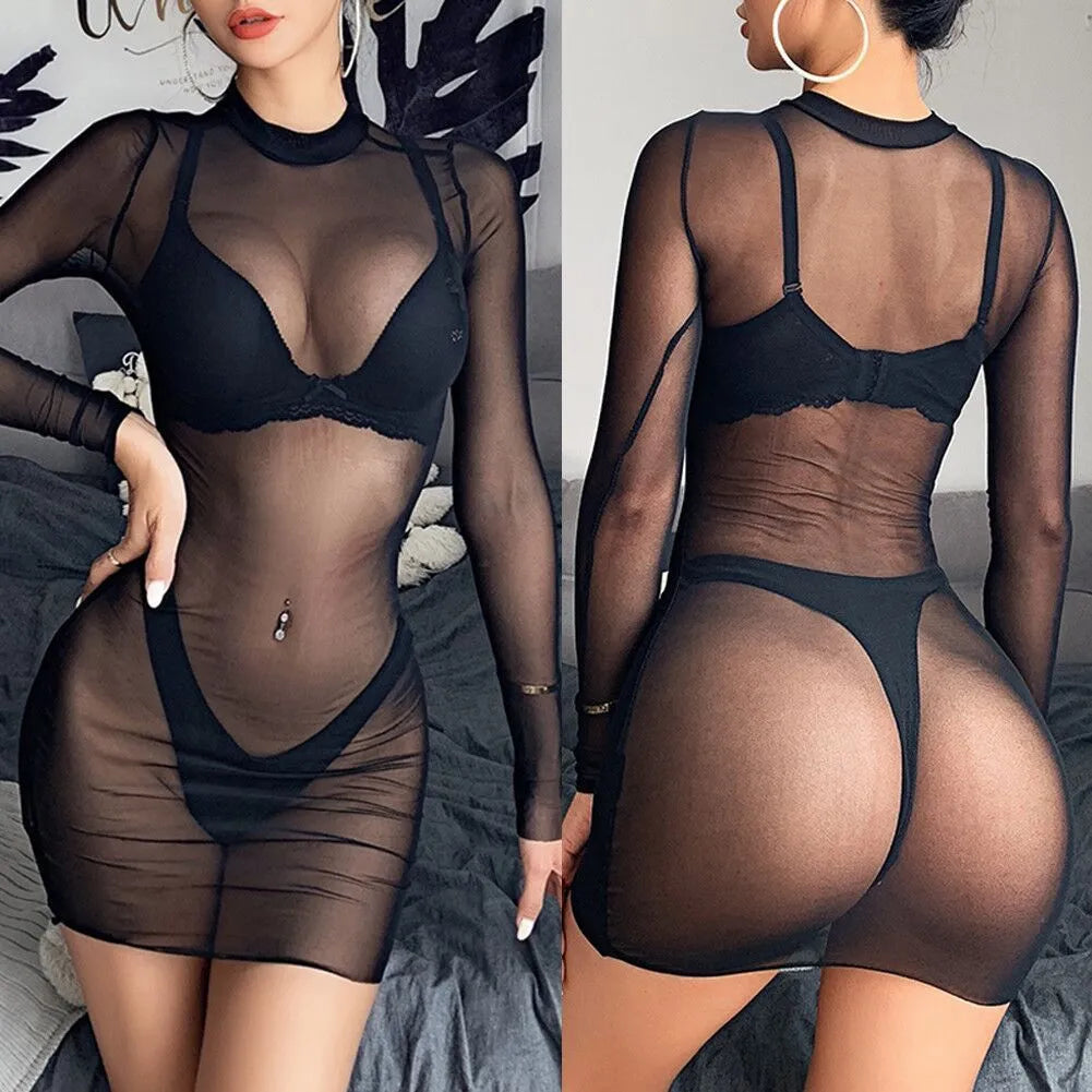 Sheer net black bikini with see-through long sleeves, polyester mesh fabric, two piece set