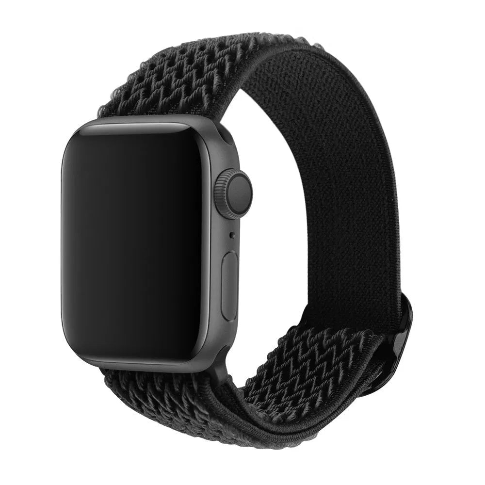 Braided nylon elastic strap for Apple Watch in various colours on a grey background.