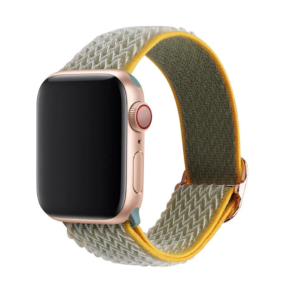 Braided nylon elastic strap for Apple Watch in various colours on a grey background.