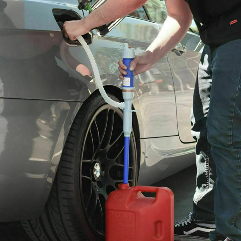 Manual siphon hand pump for fuel and oil transfer with blue plastic construction