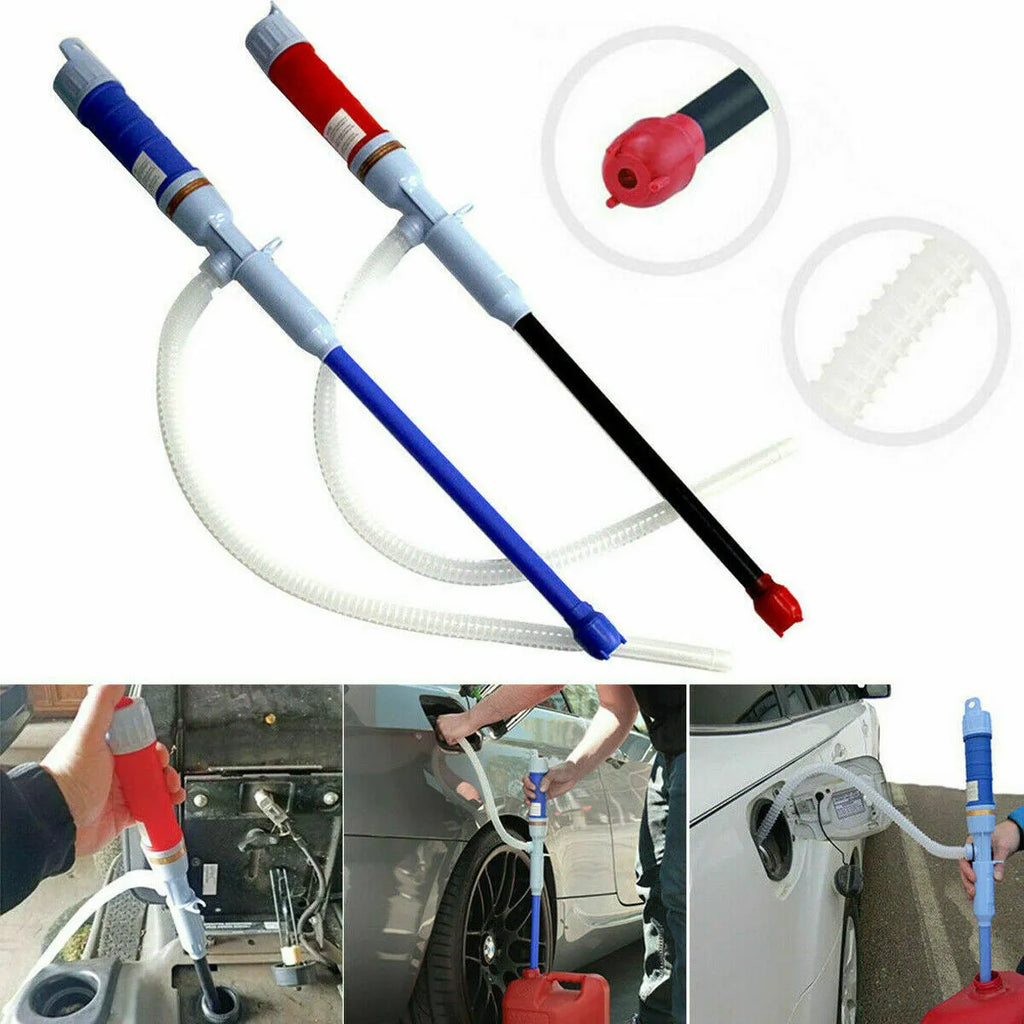Manual siphon hand pump for fuel and oil transfer with blue plastic construction