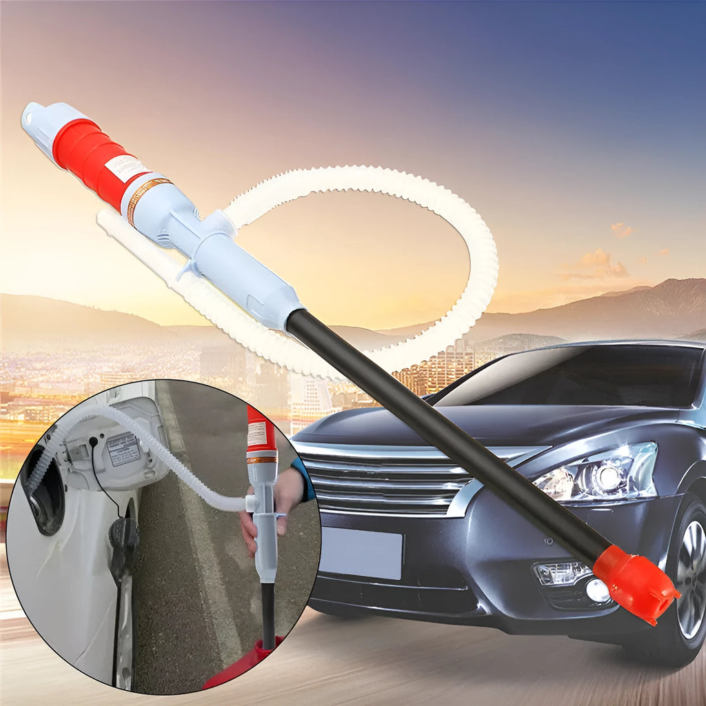 Manual siphon hand pump for fuel and oil transfer with blue plastic construction