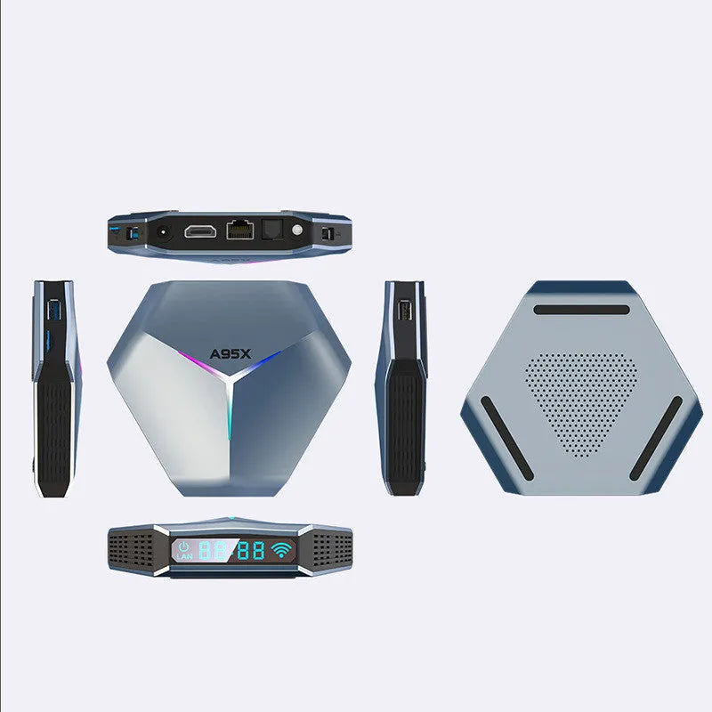 Android TV set-top box with remote control, HD cable, and UK power adapter for 8K streaming.