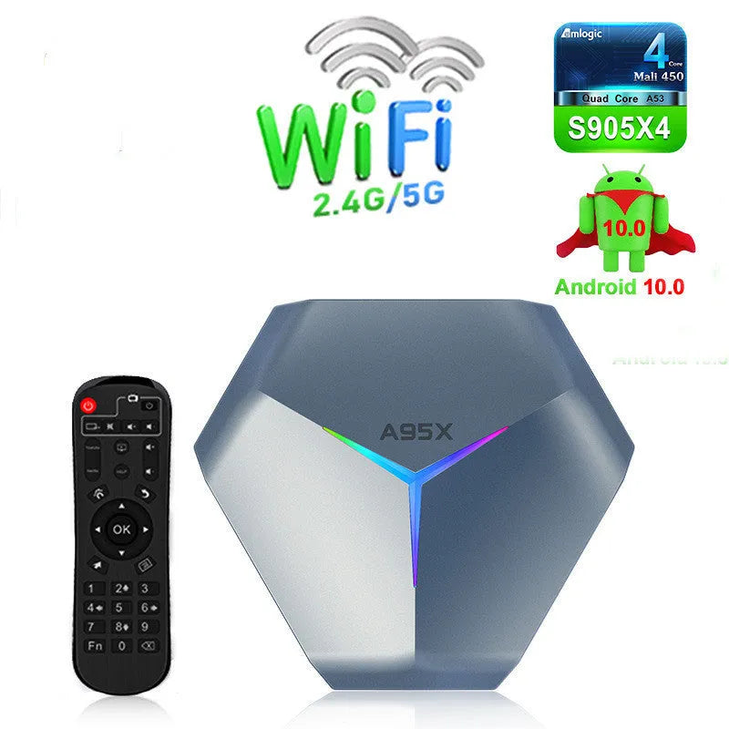 Android TV set-top box with remote control, HD cable, and UK power adapter for 8K streaming.