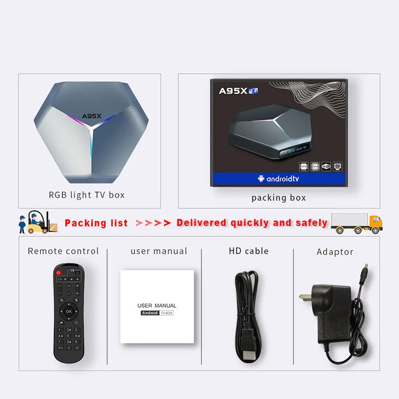 Android TV set-top box with remote control, HD cable, and UK power adapter for 8K streaming.