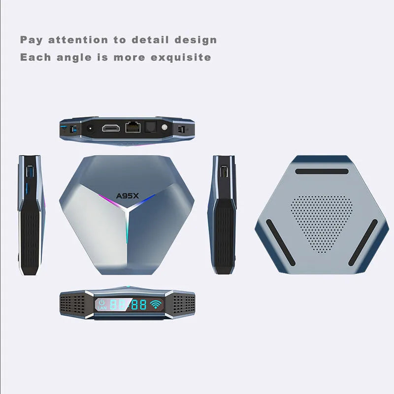 Android TV set-top box with remote control, HD cable, and UK power adapter for 8K streaming.