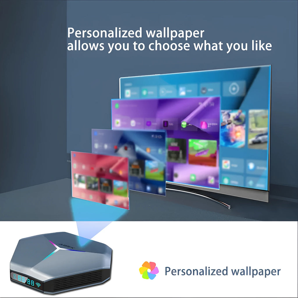 Android TV set-top box with remote control, HD cable, and UK power adapter for 8K streaming.