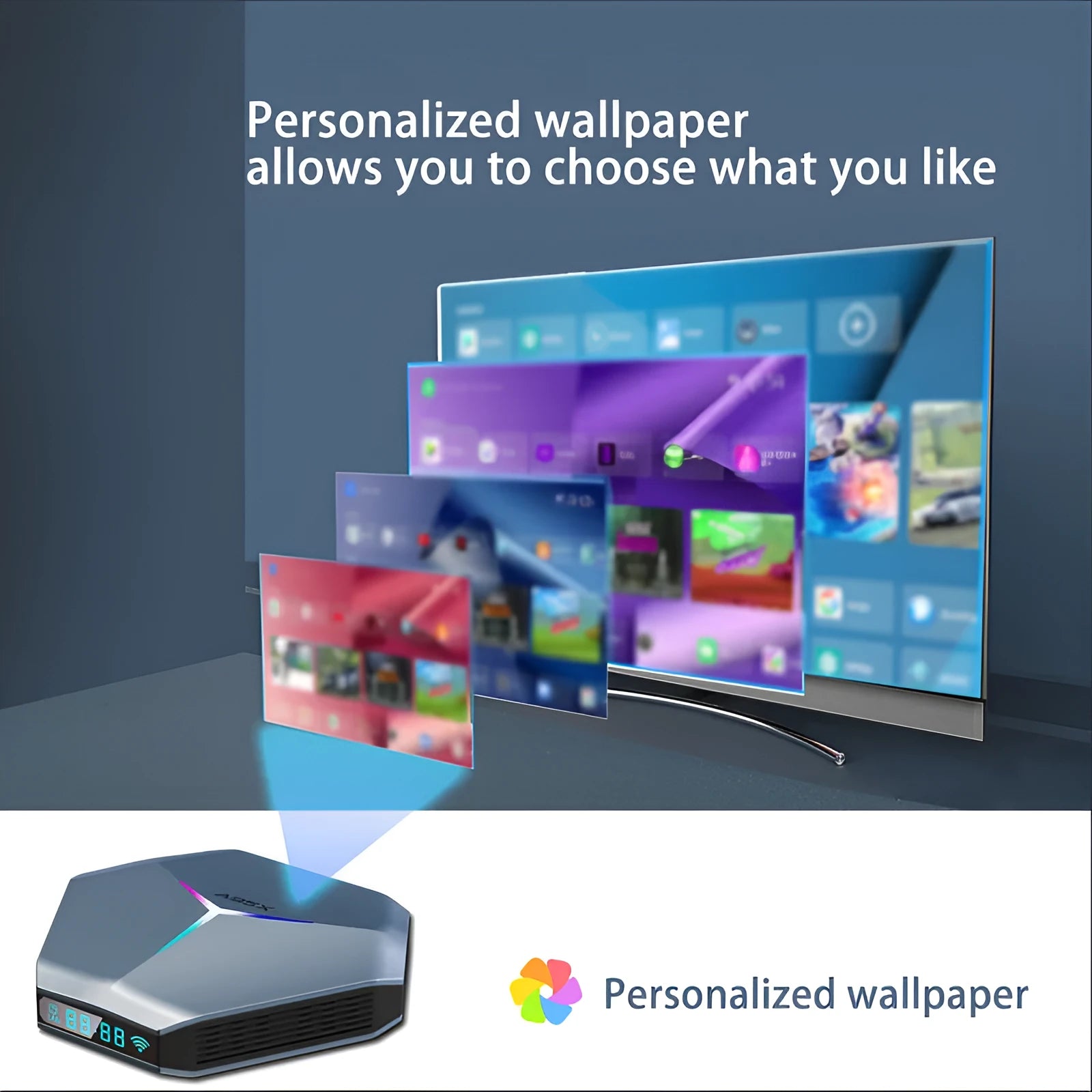 Android TV set-top box with remote control, HD cable, and UK power adapter for 8K streaming.