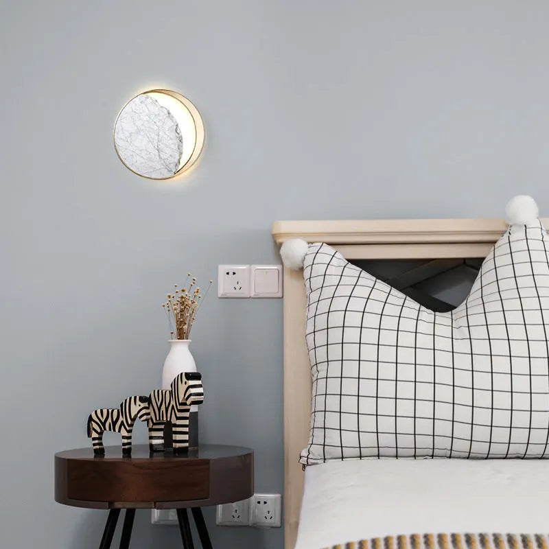 Circular marble and copper eclipse design LED wall sconce lamp