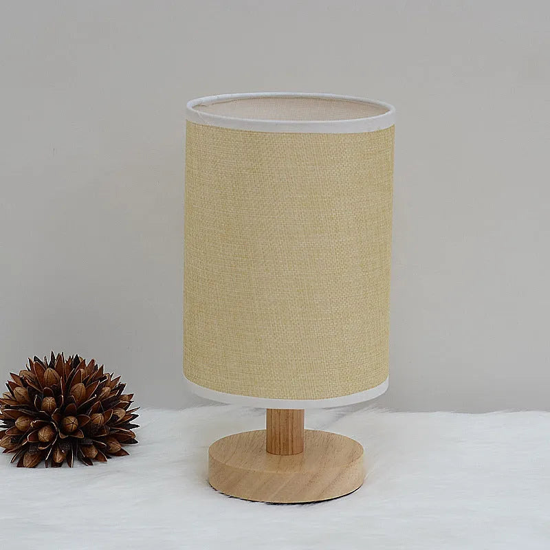 Solid wood cloth cover LED table lamp with USB port, grey linen shade, modern simple style for study desk