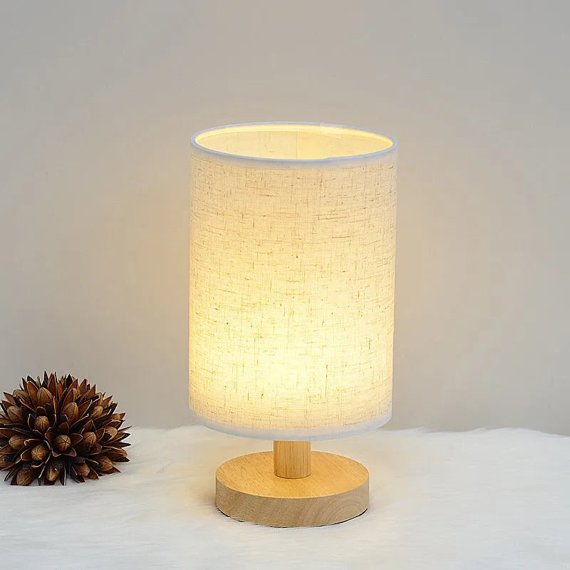Solid wood cloth cover LED table lamp with USB port, grey linen shade, modern simple style for study desk