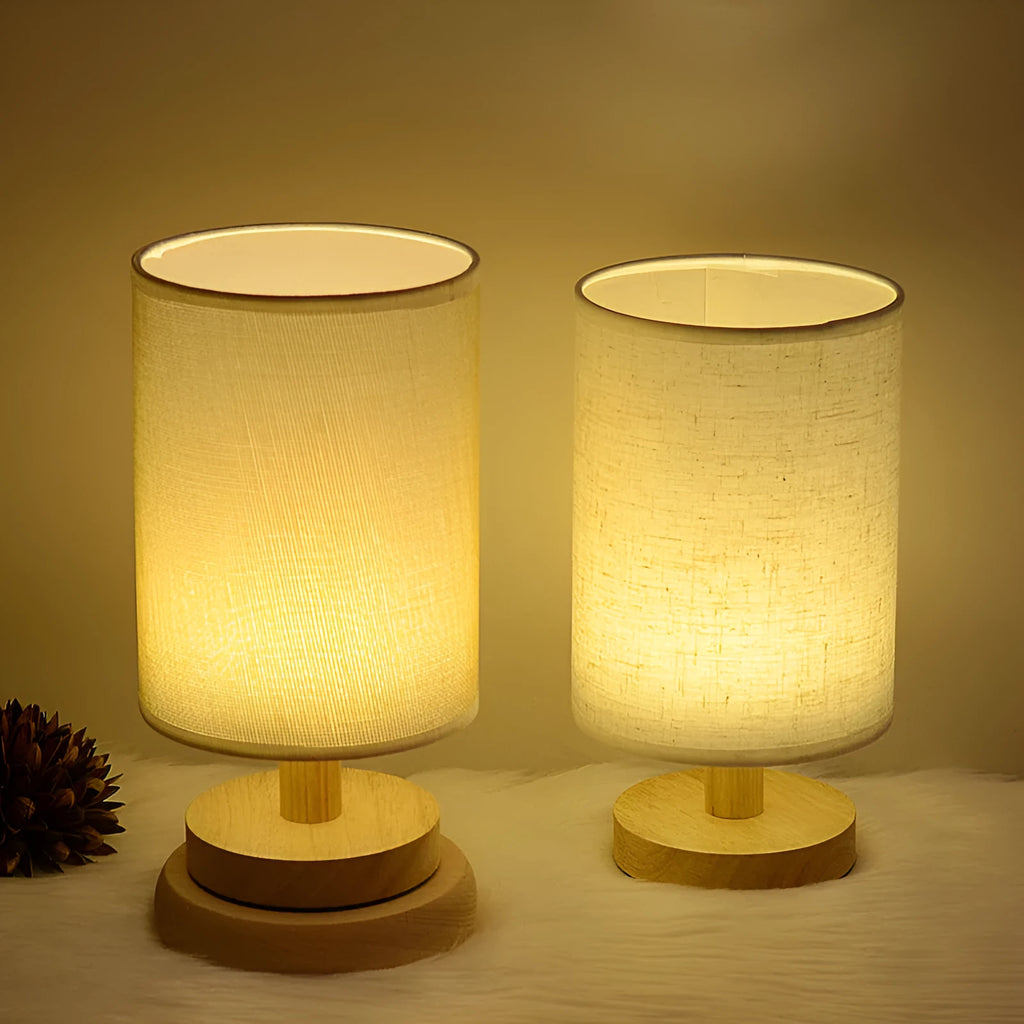 Solid wood cloth cover LED table lamp with USB port, grey linen shade, modern simple style for study desk
