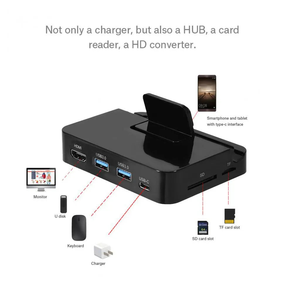 Black base USB-C mobile phone to HD display dock converter unit on a desk