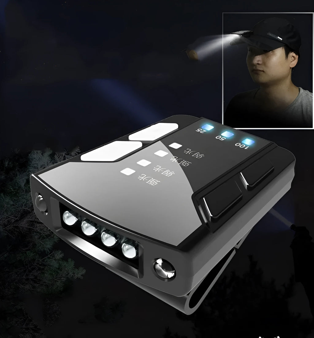 USB rechargeable fishing cap clip light with rotating head and power indicator displayed on a hat.