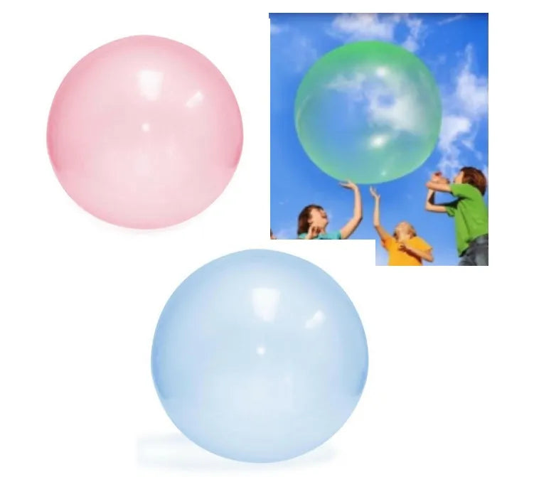 Assortment of inflated pink, yellow, blue and green TPR bouncy balls in different sizes on a plain background.