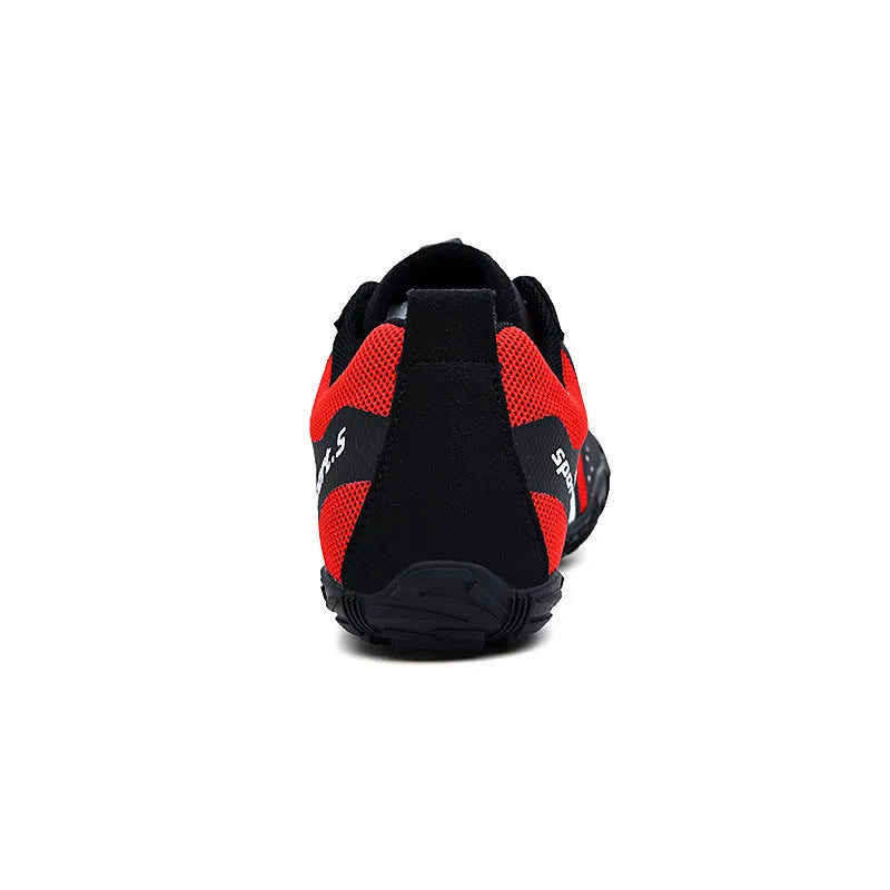 Outdoor quick-drying wading shoes in red with mesh upper and rubber sole.