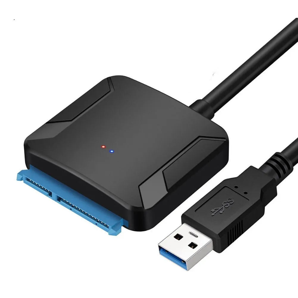Black USB 3.0 to SATA adapter cable converter for connecting internal hard drives externally to a computer.