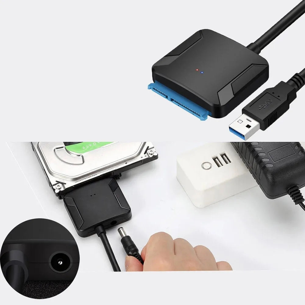 Black USB 3.0 to SATA adapter cable converter for connecting internal hard drives externally to a computer.
