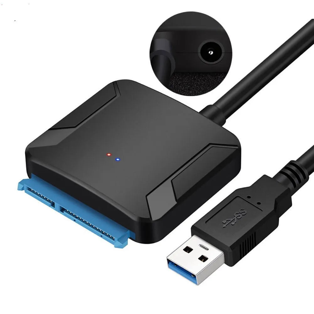 Black USB 3.0 to SATA adapter cable converter for connecting internal hard drives externally to a computer.