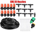 Garden Fun adjustable micro spray irrigation kit with orange nozzles and capillary tubing on a green garden background