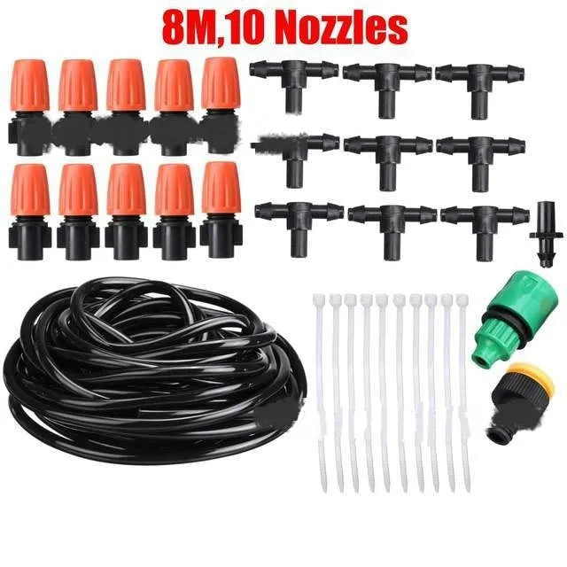 Garden Fun adjustable micro spray irrigation kit with orange nozzles and capillary tubing on a green garden background